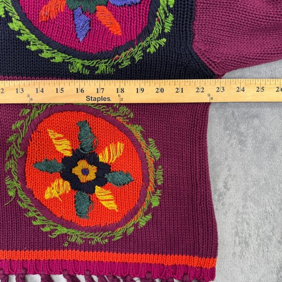 ESPRIT Sweater Womens Medium M Burgundy Red Floral Knit Color Block Tassel Fall - Picture 7 of 12